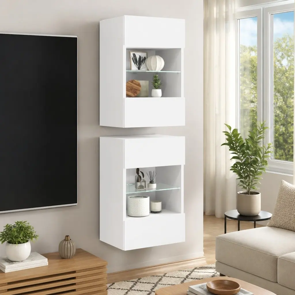 Wall Cabinets with RGB LED Lights TV Unit 2 pcs White 40x30x60.5 cm Storage