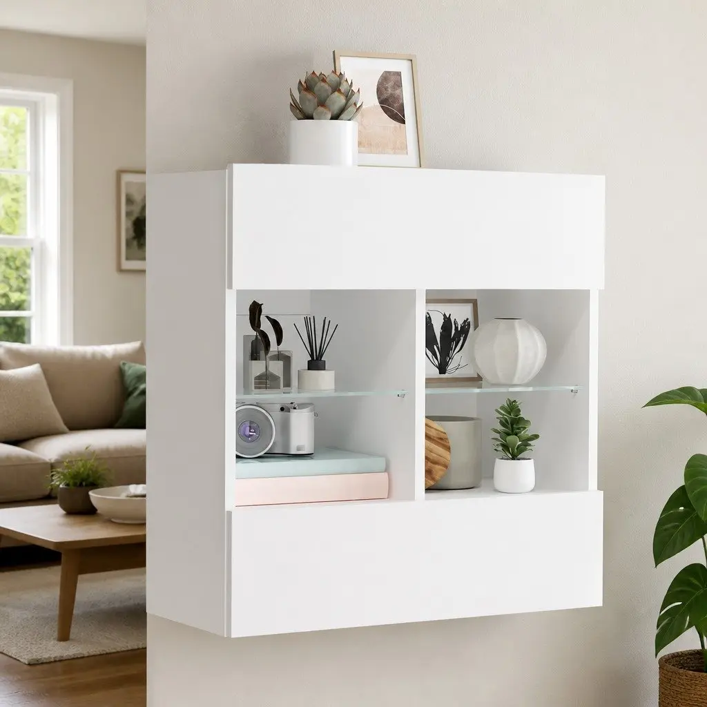 White TV Wall Cabinet Floating Shelves RGB LED Lights Media Unit Storage