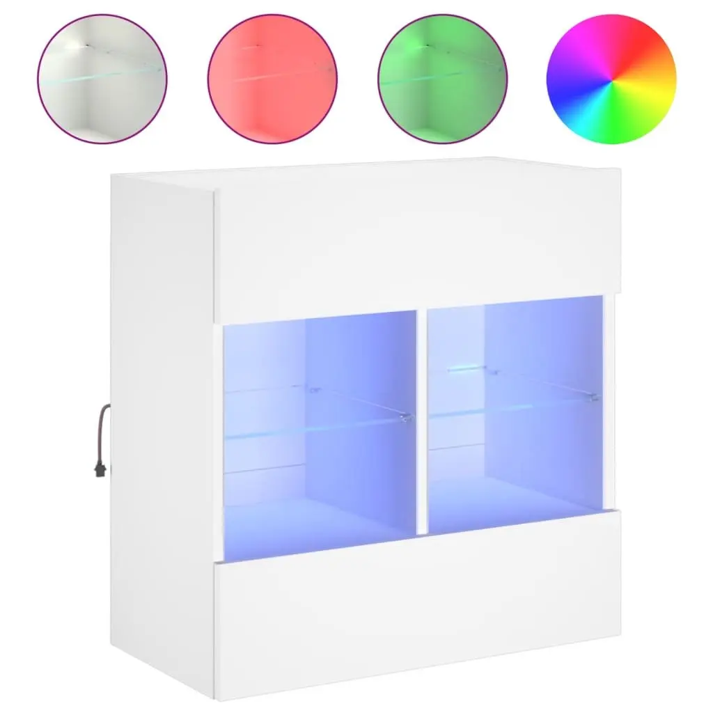 White TV Wall Cabinet Floating Shelves RGB LED Lights Media Unit Storage