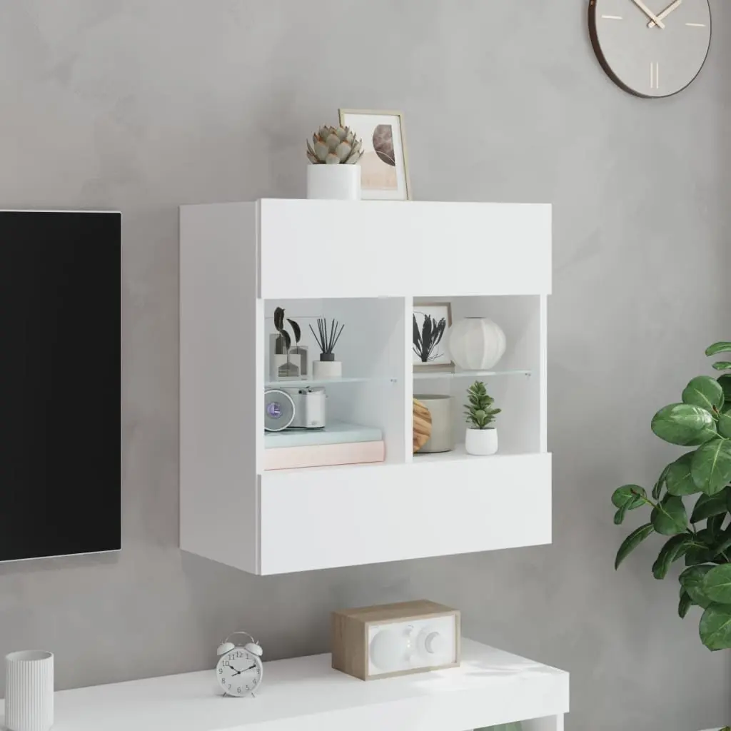 White TV Wall Cabinet Floating Shelves RGB LED Lights Media Unit Storage