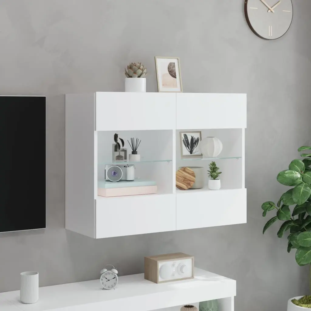 Wall-Mounted Media Storage Unit White Engineered Wood TV Cabinet with RGB LED Lights 785x30x605cm