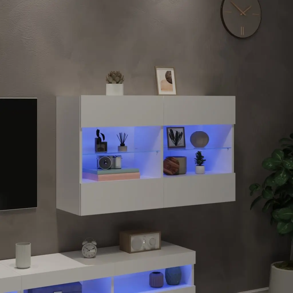 TV Cabinet Wall Mounted White Engineered Wood 98.5x30x60.5cm with RGB LED Lights and Floating Shelves
