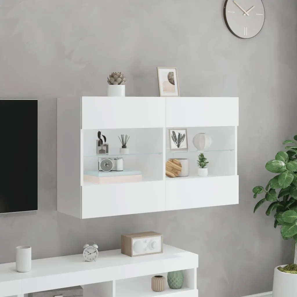 TV Cabinet Wall Mounted White Engineered Wood 98.5x30x60.5cm with RGB LED Lights and Floating Shelves