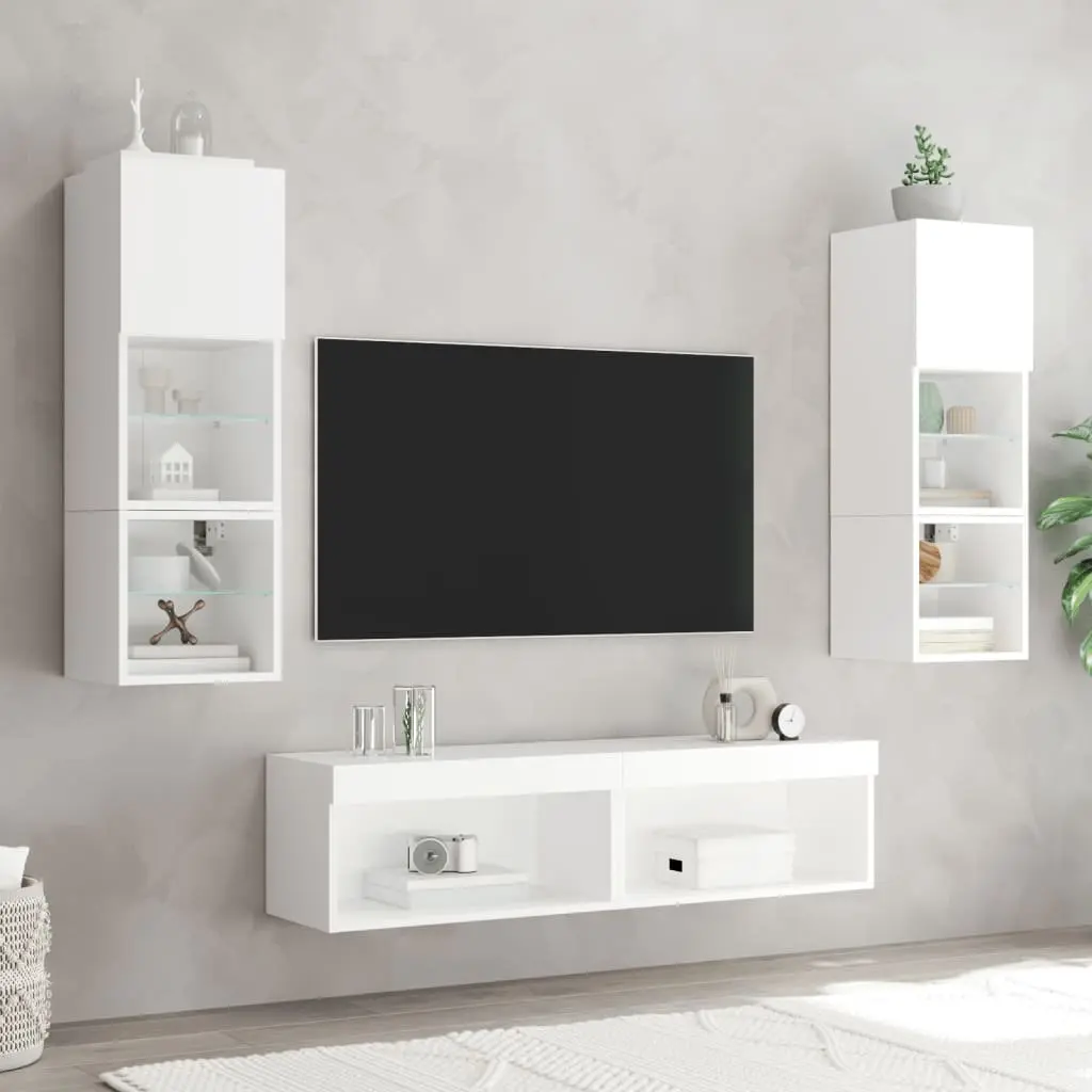 TV Cabinets Engineered Wood Wall-Mounted Storage Units 60x30x30cm White 2 Piece with RGB LED Lights