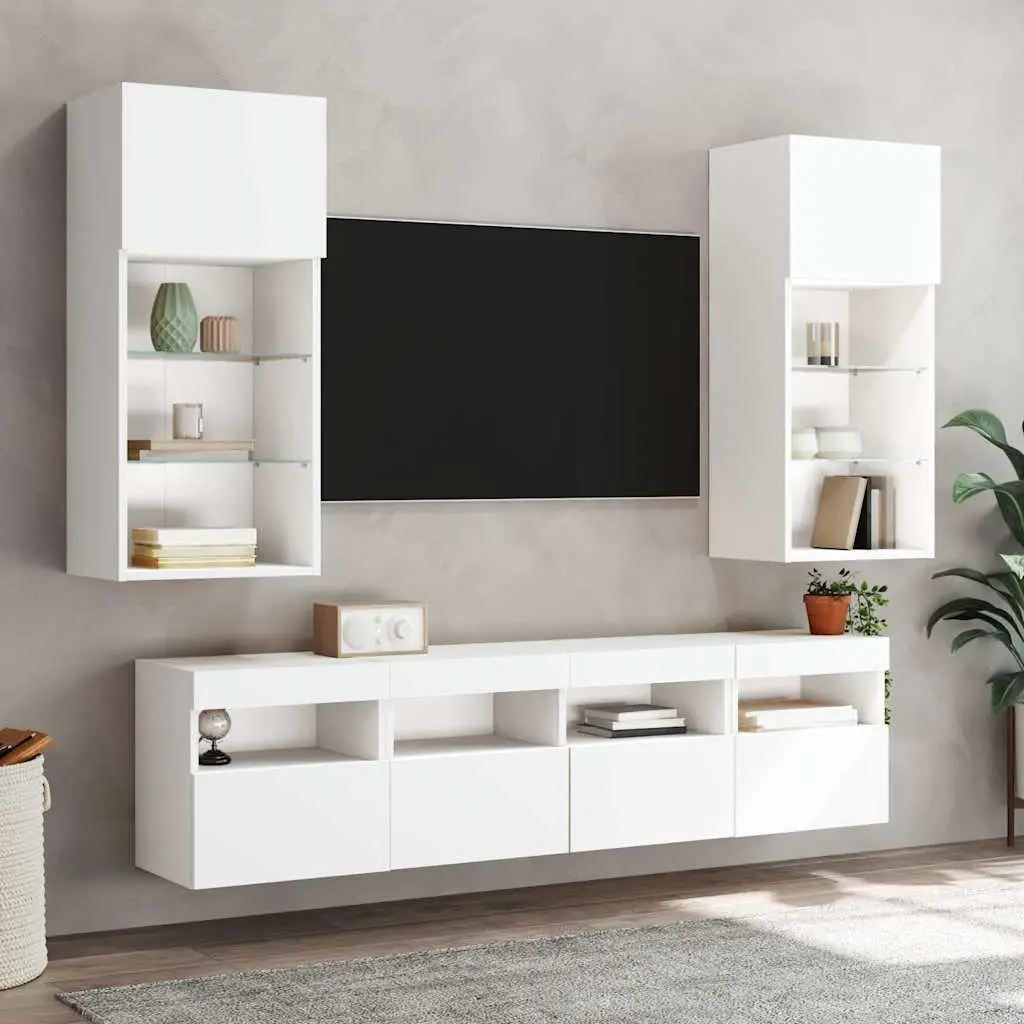 TV Wall Cabinets with RGB LED Lights 2pc White Floating Storage Unit
