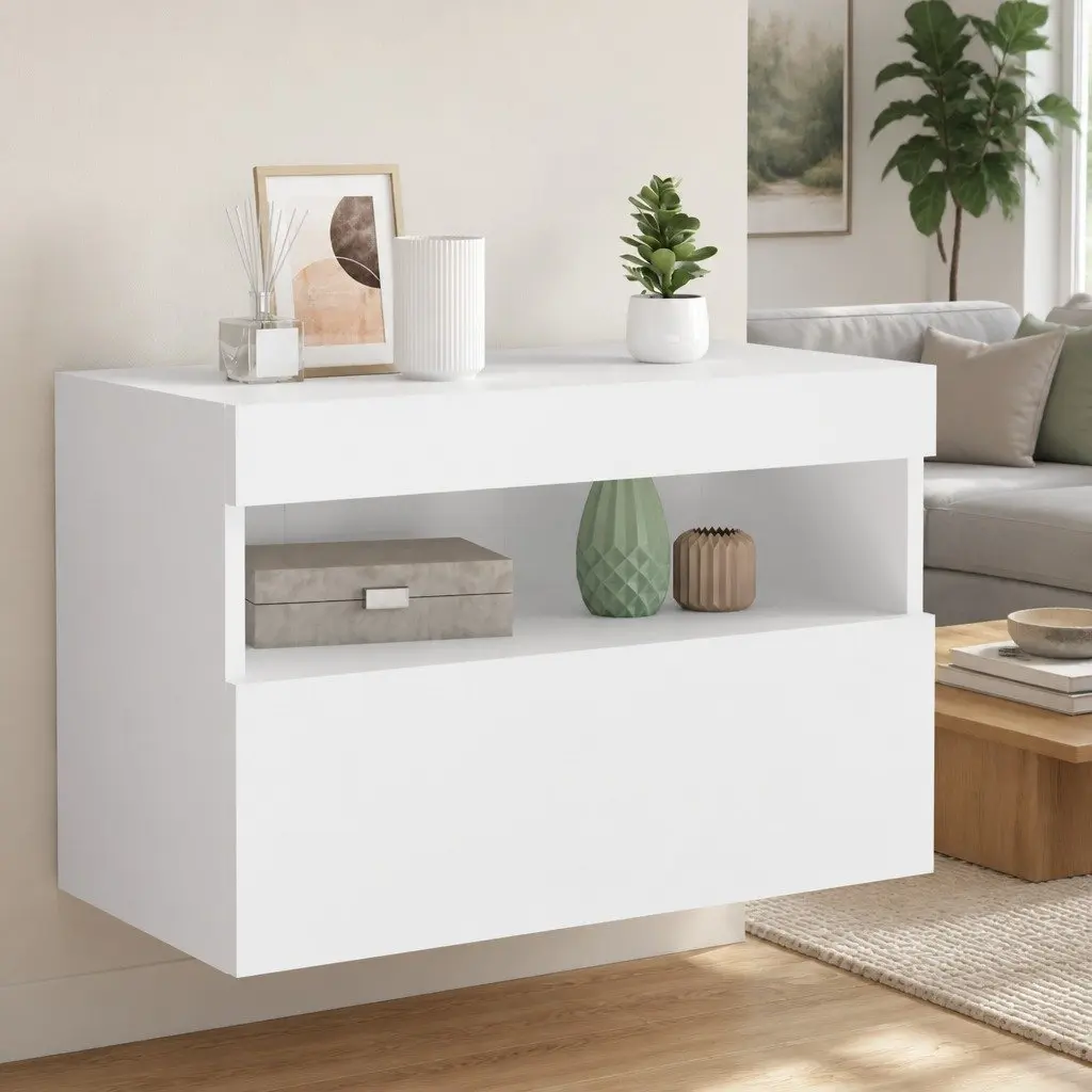 TV Wall Cabinet Engineered Wood 60x30x40 cm White Floating Media Unit RGB LED Lights