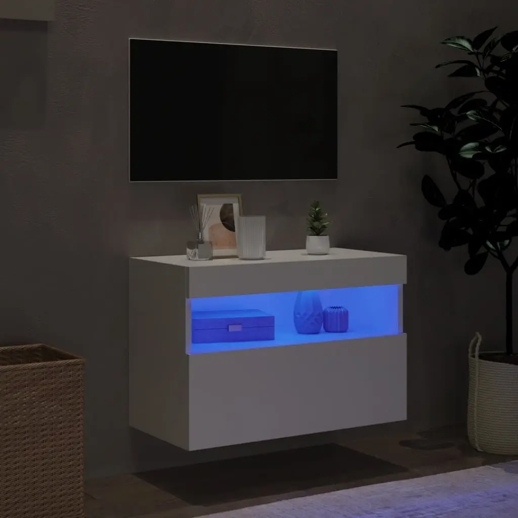 TV Wall Cabinet Engineered Wood 60x30x40 cm White Floating Media Unit RGB LED Lights