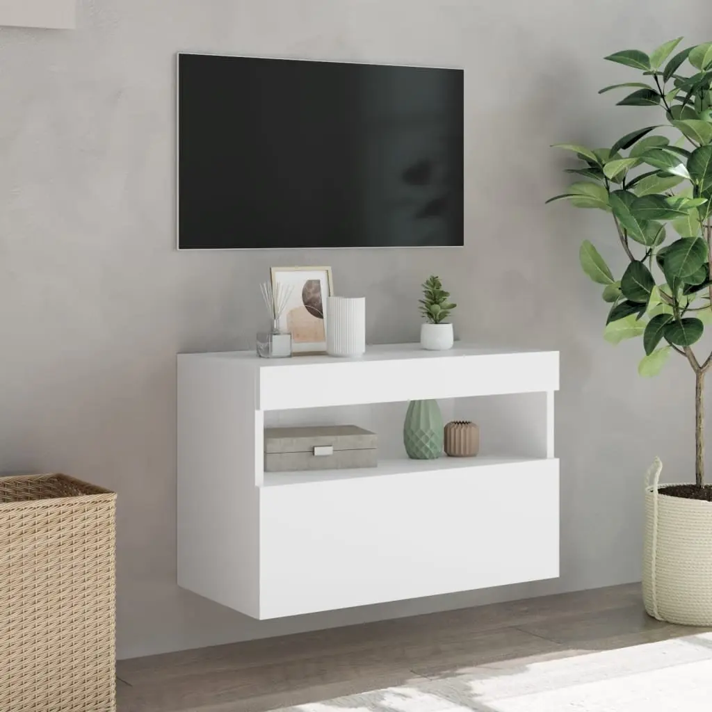 TV Wall Cabinet Engineered Wood 60x30x40 cm White Floating Media Unit RGB LED Lights