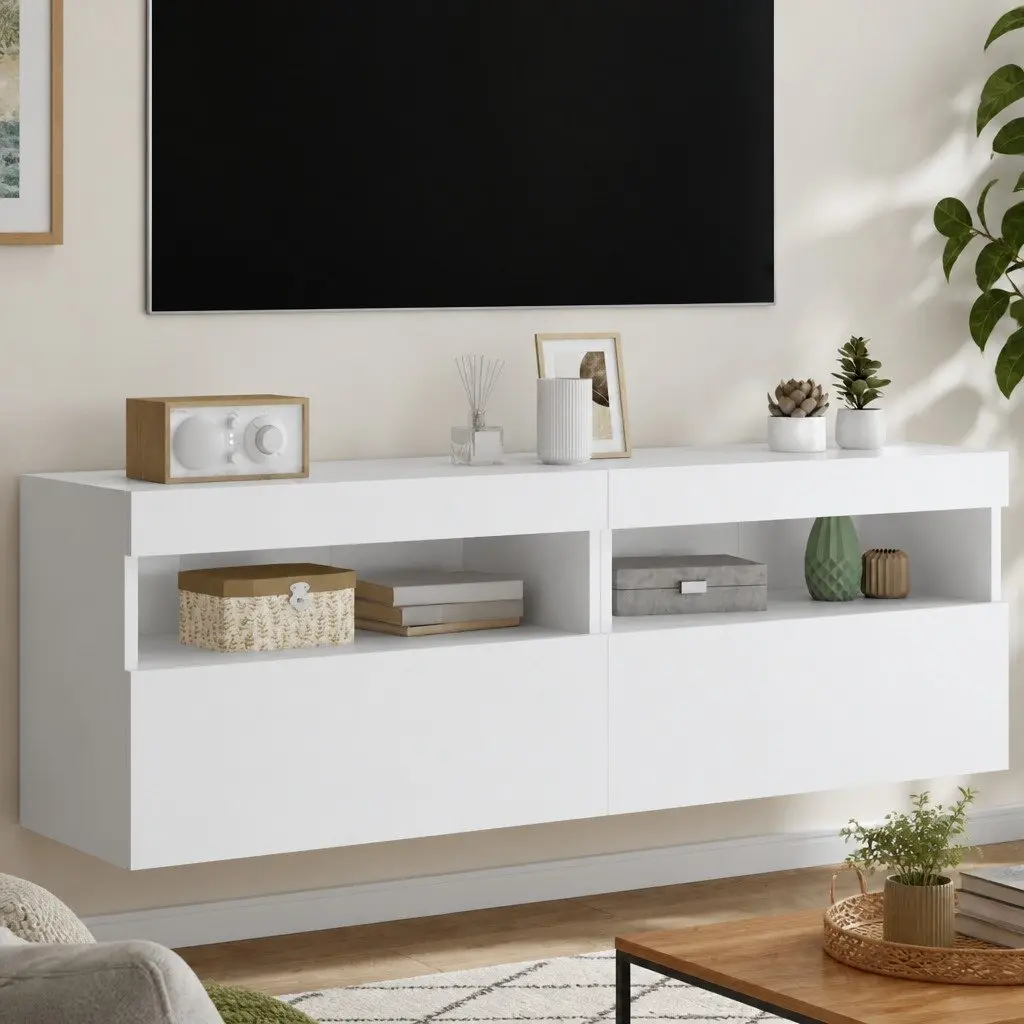 TV Wall Cabinet with RGB LED Lights White Floating Storage Unit 60x30x40cm