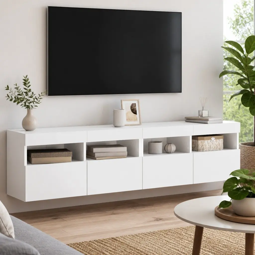 TV Wall Cabinet Engineered Wood 80x30x40cm White 2 Piece with RGB LED Lights