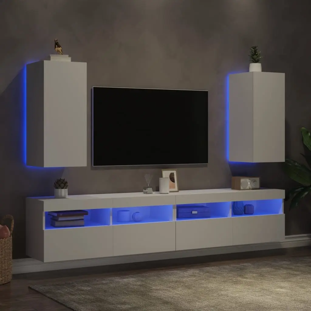 TV Wall Cabinet Engineered Wood 30.5x35x70cm White with RGB LED Lights 2 Piece