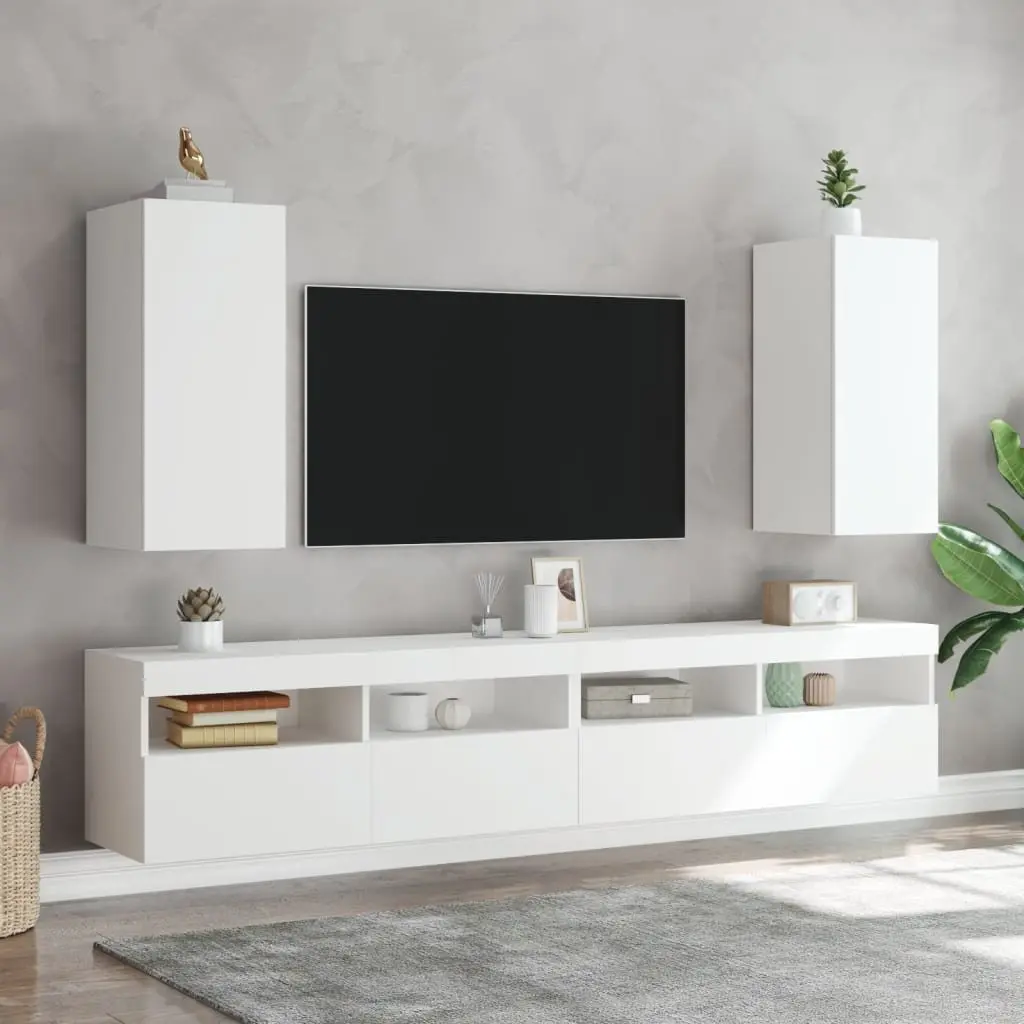 TV Wall Cabinet Engineered Wood 30.5x35x70cm White with RGB LED Lights 2 Piece