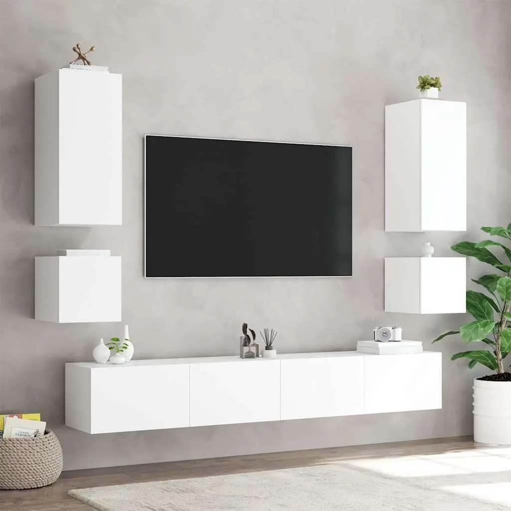 White Wall-Mounted TV Cabinets with LED Lighting
