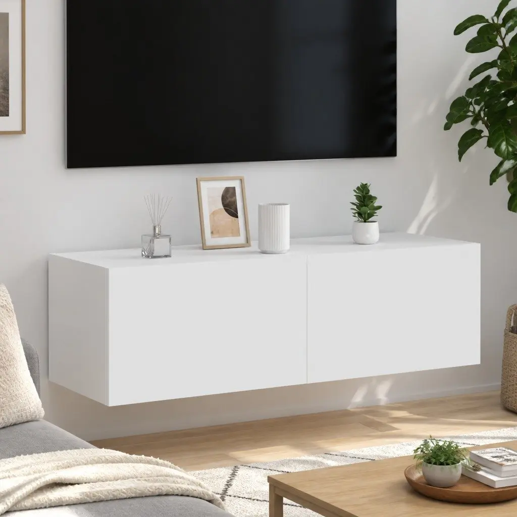 TV Wall Cabinet Engineered Wood White Wall-Mounted Media Unit with RGB LED Lights 100 x 35 x 31 cm