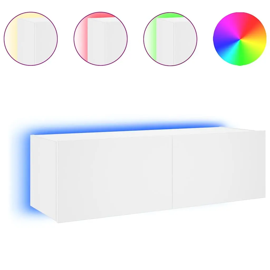 TV Wall Cabinet Engineered Wood White Wall-Mounted Media Unit with RGB LED Lights 100 x 35 x 31 cm