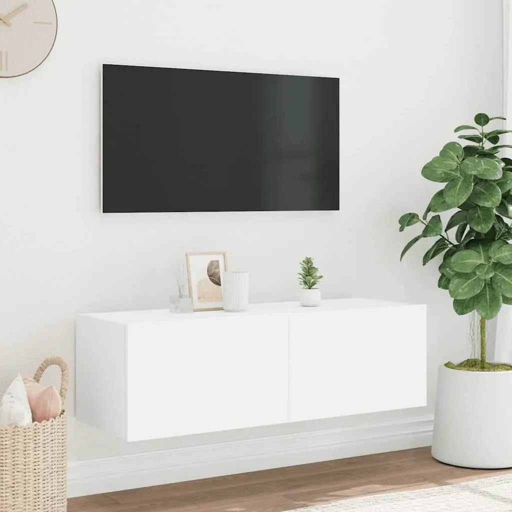 TV Wall Cabinet Engineered Wood White Wall-Mounted Media Unit with RGB LED Lights 100 x 35 x 31 cm