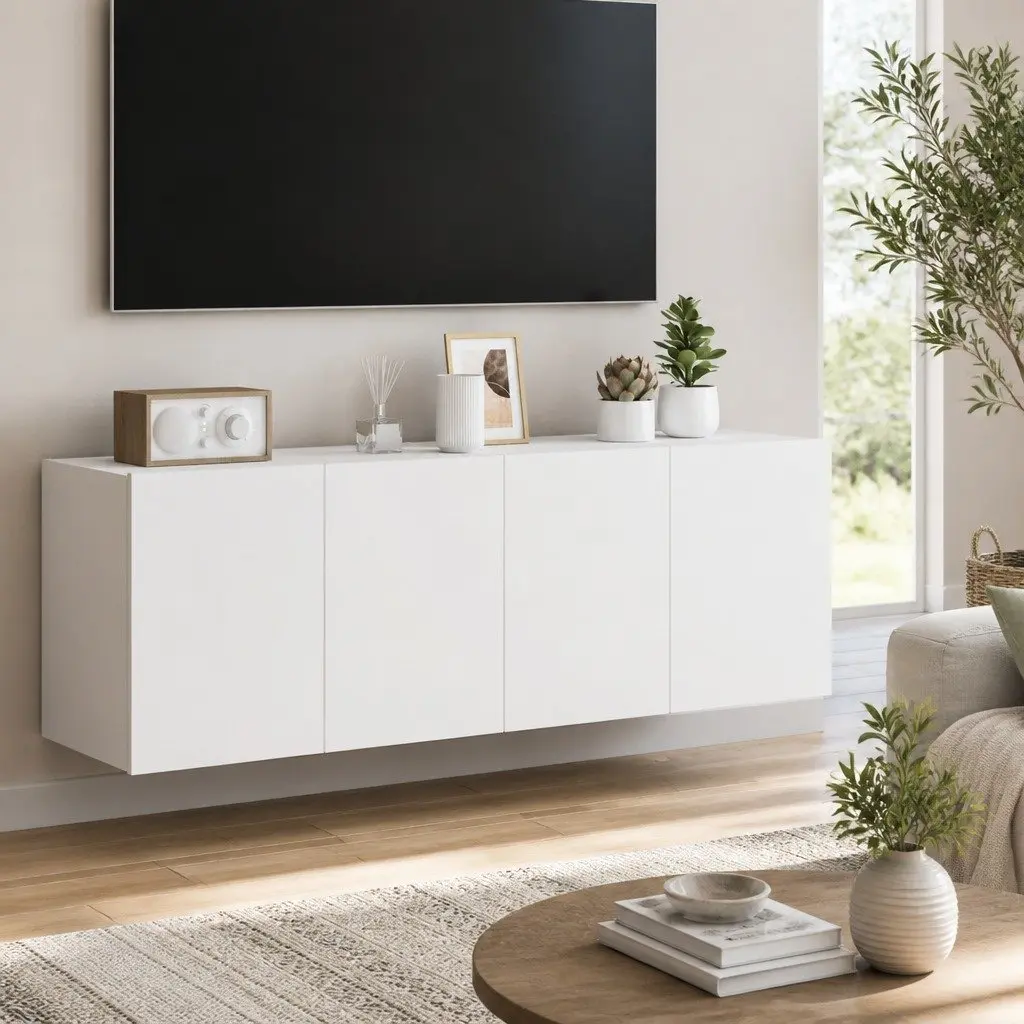 Floating Storage Unit White Engineered Wood TV Wall Cabinets 2 Piece with RGB LED Lights