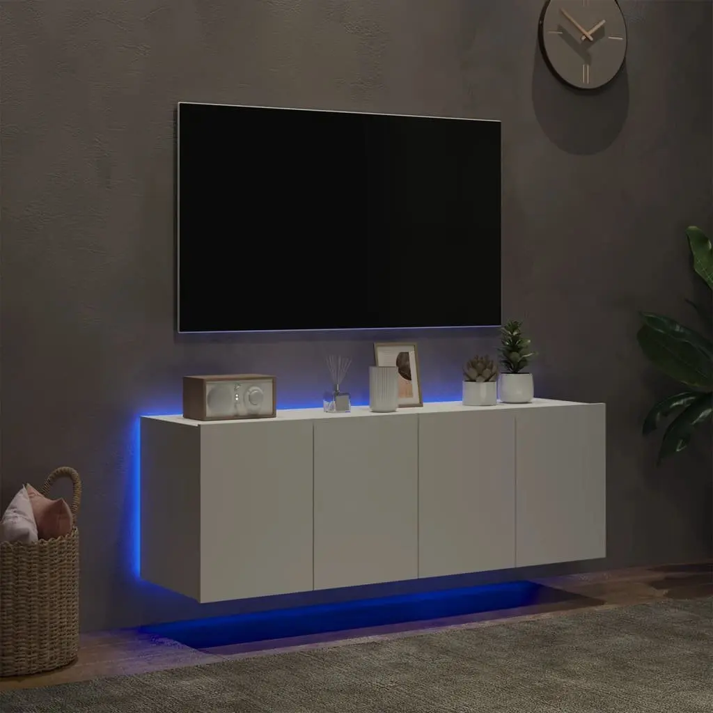 Floating Storage Unit White Engineered Wood TV Wall Cabinets 2 Piece with RGB LED Lights