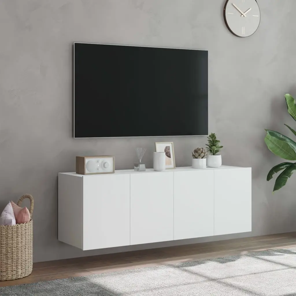 Floating Storage Unit White Engineered Wood TV Wall Cabinets 2 Piece with RGB LED Lights