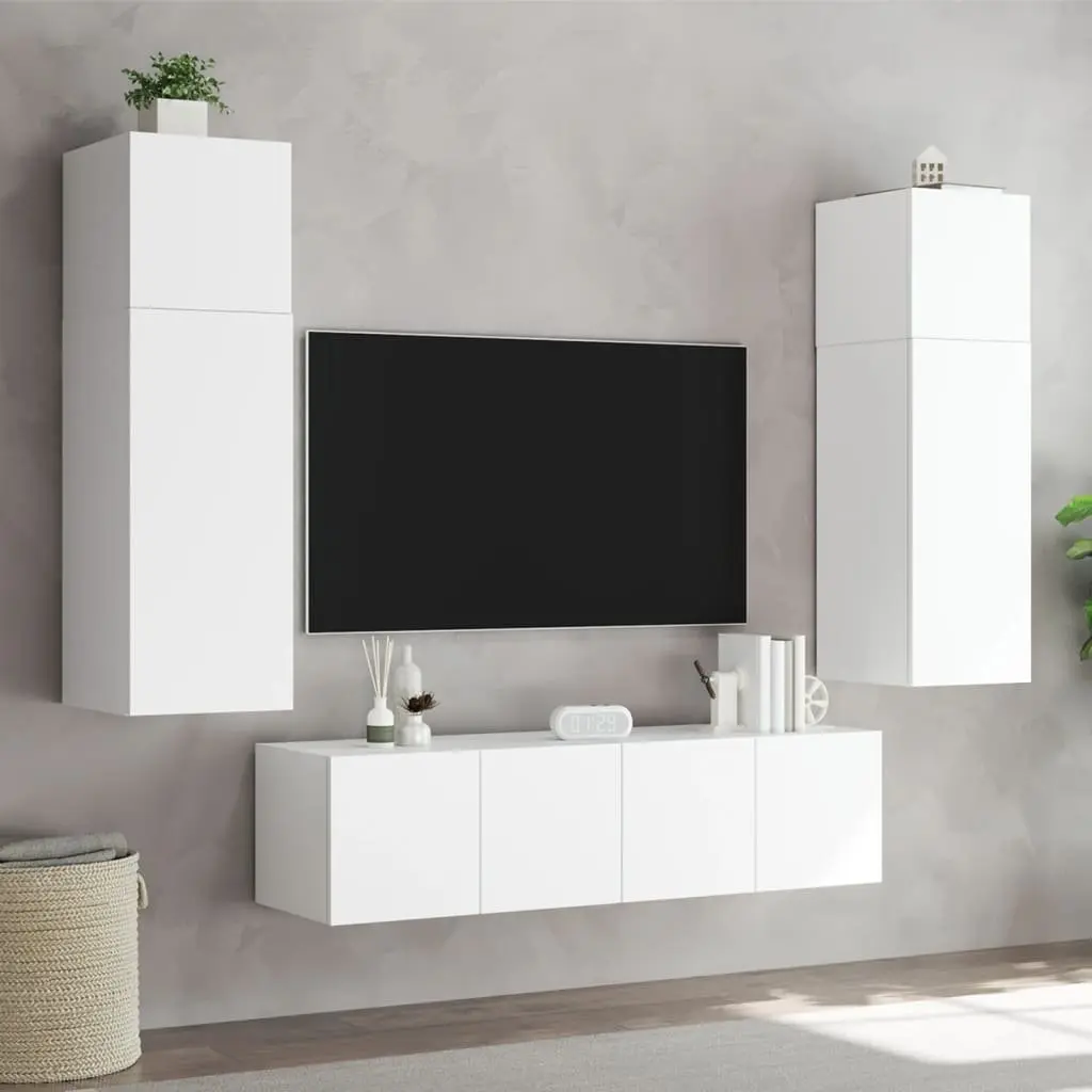 Floating Storage Unit White Engineered Wood TV Wall Cabinets 2 Piece with RGB LED Lights