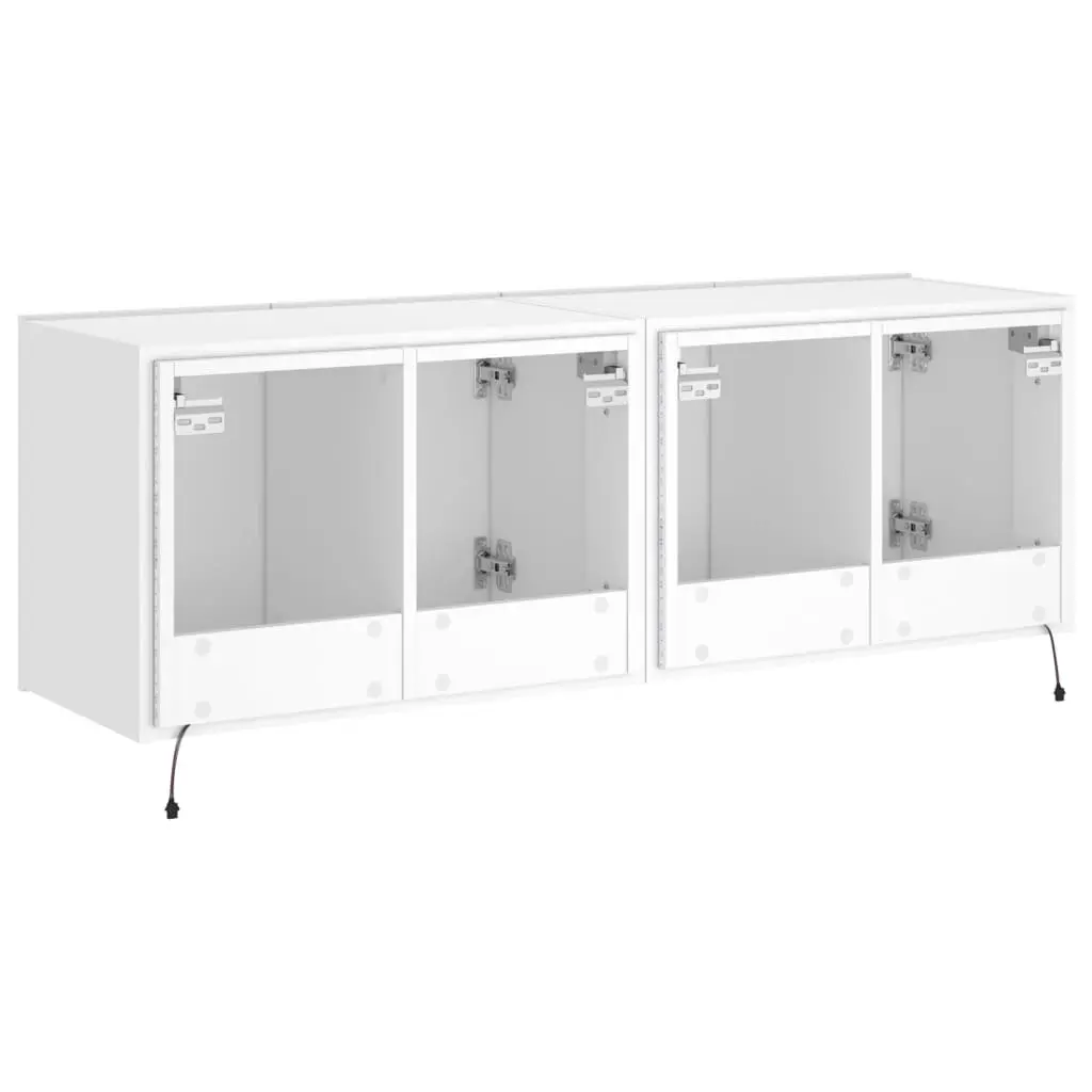 Floating Storage Unit White Engineered Wood TV Wall Cabinets 2 Piece with RGB LED Lights