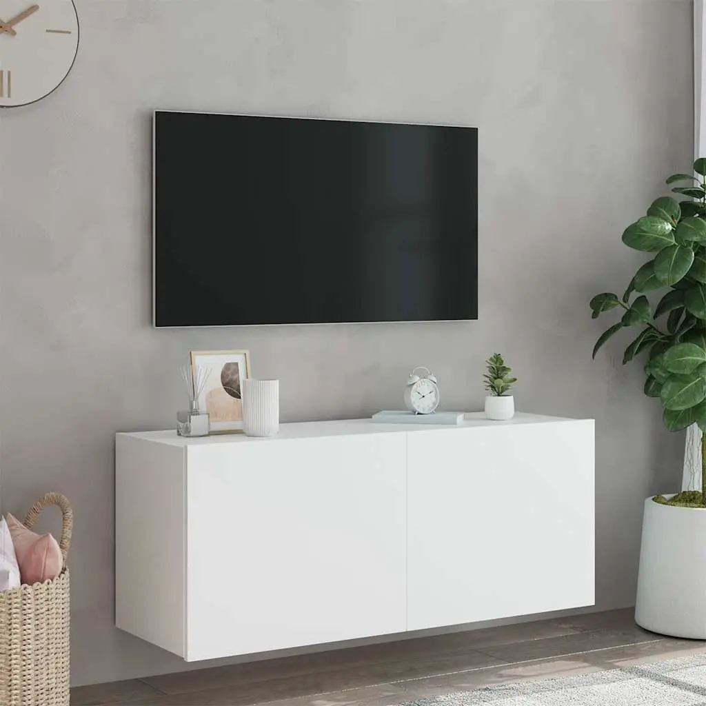 TV Wall Cabinet Engineered Wood 100cm White Floating Media Unit with RGB LED Lights