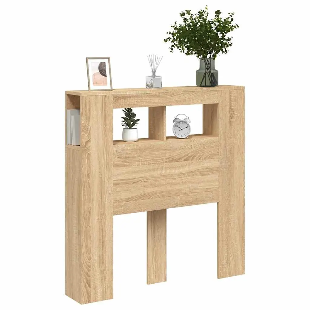 LED Headboard Brown Engineered Wood RGB Lights Modern Bedroom Furniture Storage