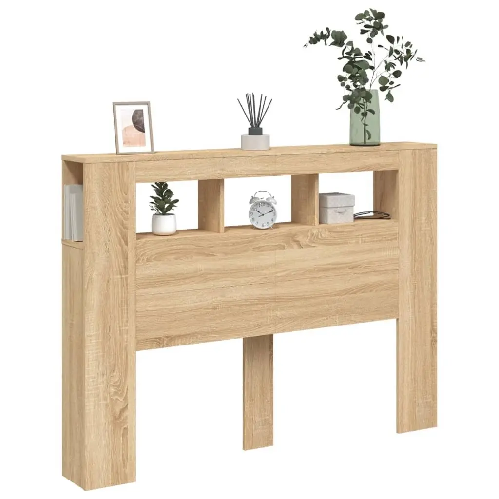 LED Headboard 140 cm Brown Engineered Wood Modern Bedroom Furniture Storage