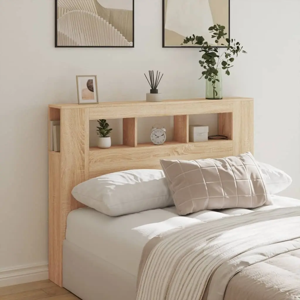 LED Headboard 140 cm Brown Engineered Wood Modern Bedroom Furniture Storage