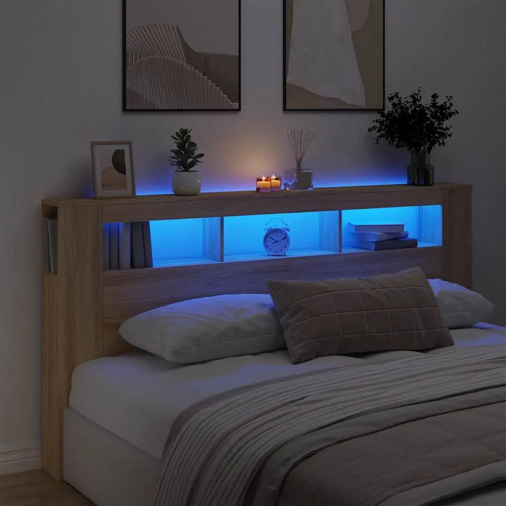 LED Headboard 200cm Engineered Wood Brown Bedroom with RGB Lights Storage