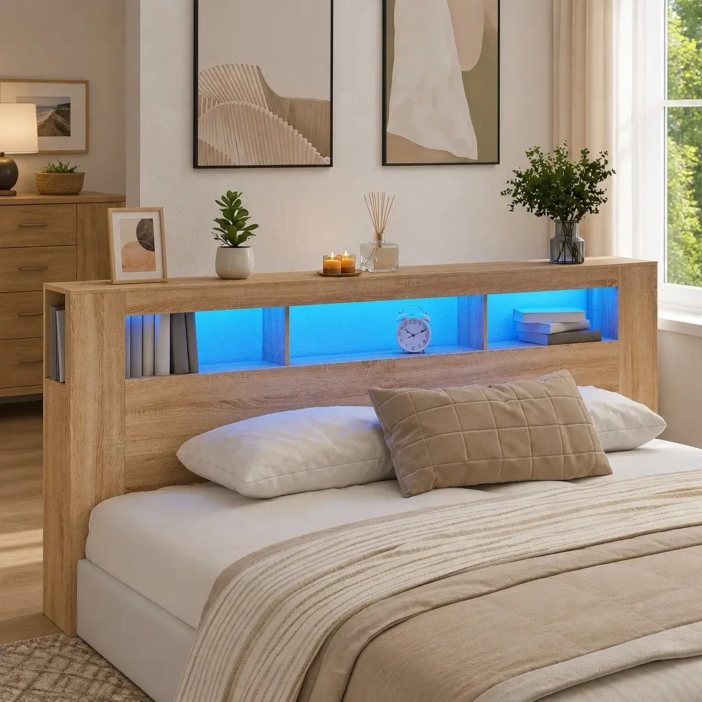 LED Headboard 220cm Modern Bedroom Engineered Wood RGB Lights Storage Display