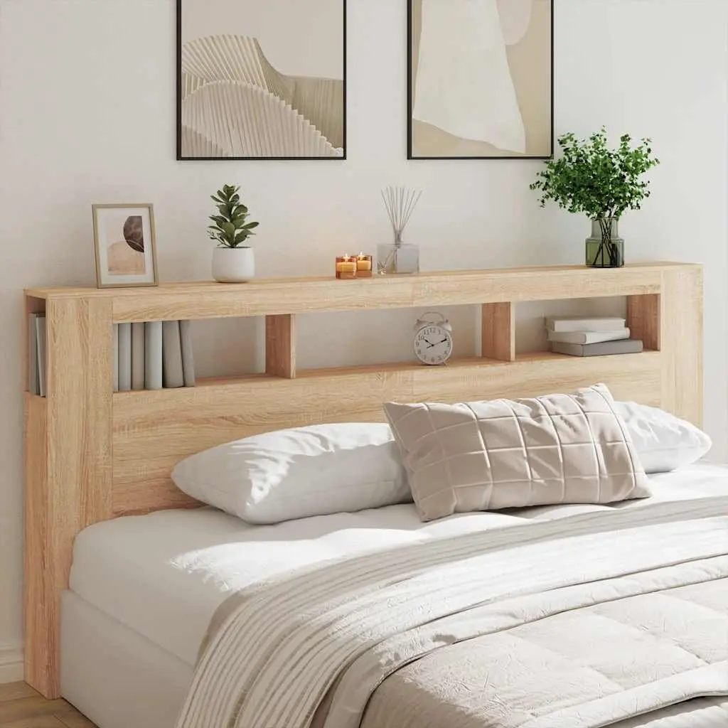 LED Headboard 220cm Modern Bedroom Engineered Wood RGB Lights Storage Display