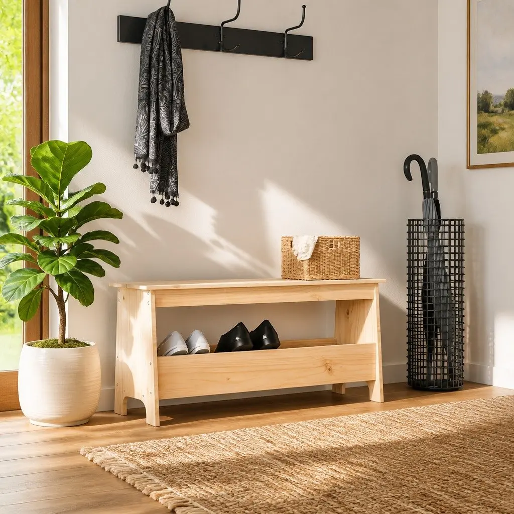Hall Bench Storage Unit in Solid Brown Pine 100x28x45cm