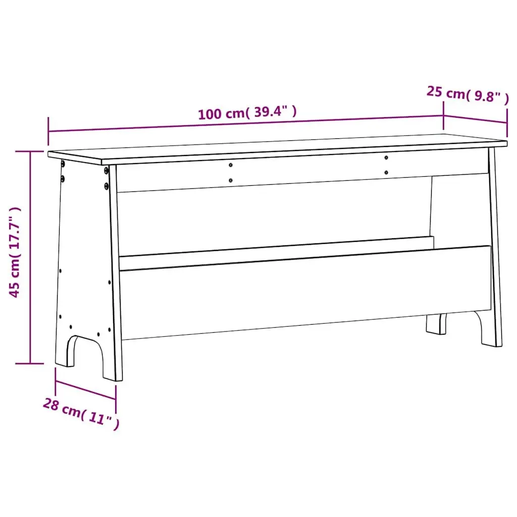 Hall Bench Storage Unit in Solid Brown Pine 100x28x45cm