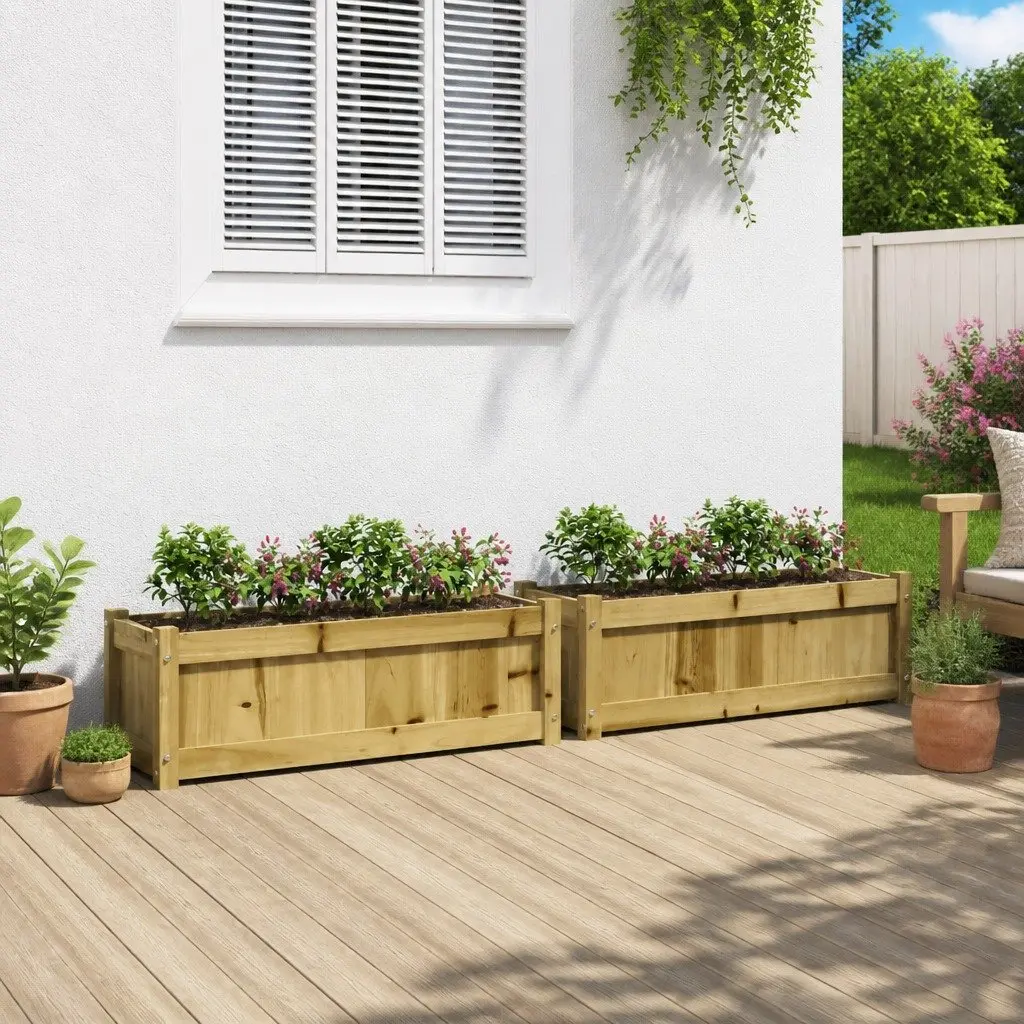 Wooden Planters Impregnated Pine 2 Piece Set Brown Outdoor Patio Flower Pot Box