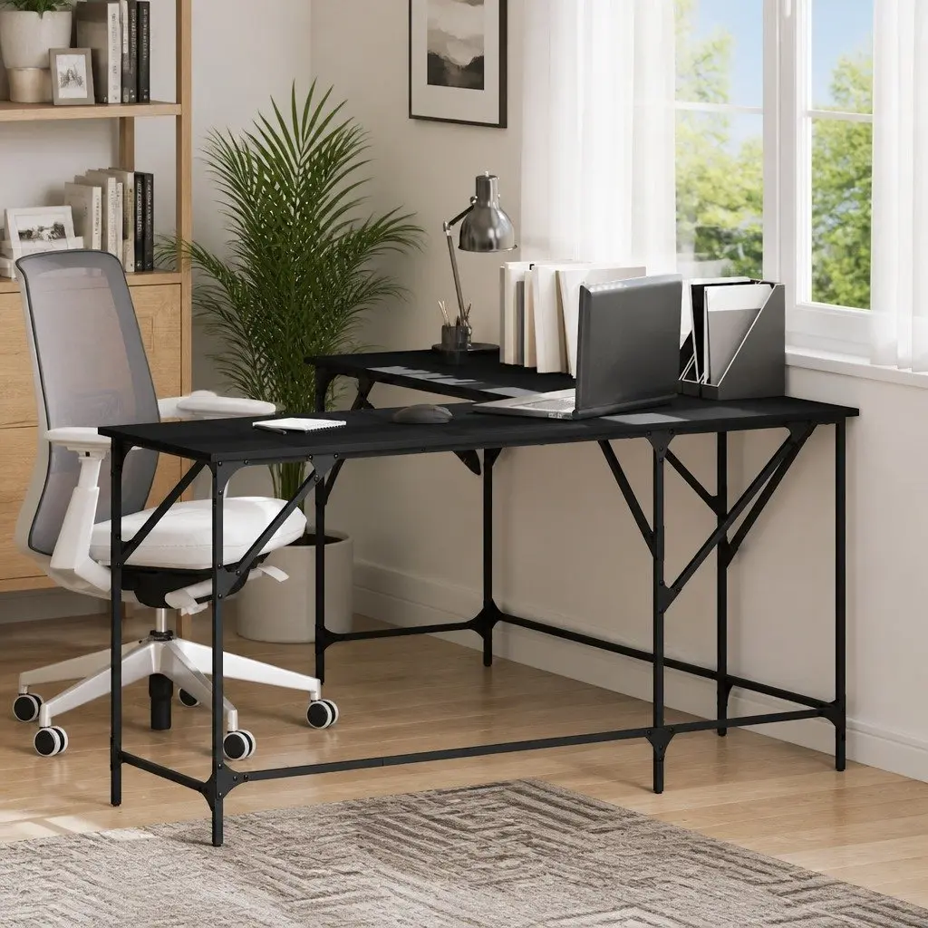 L-Shaped Office Desk Black Computer Workstation Corner Writing Table