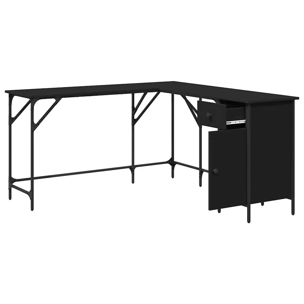 L-Shaped Office Desk Engineered Wood Metal Frame 141cm Black