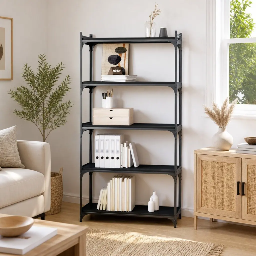 5-Tier Engineered Wood Black Bookcase Metal Frame Standing Shelf Storage Organiser