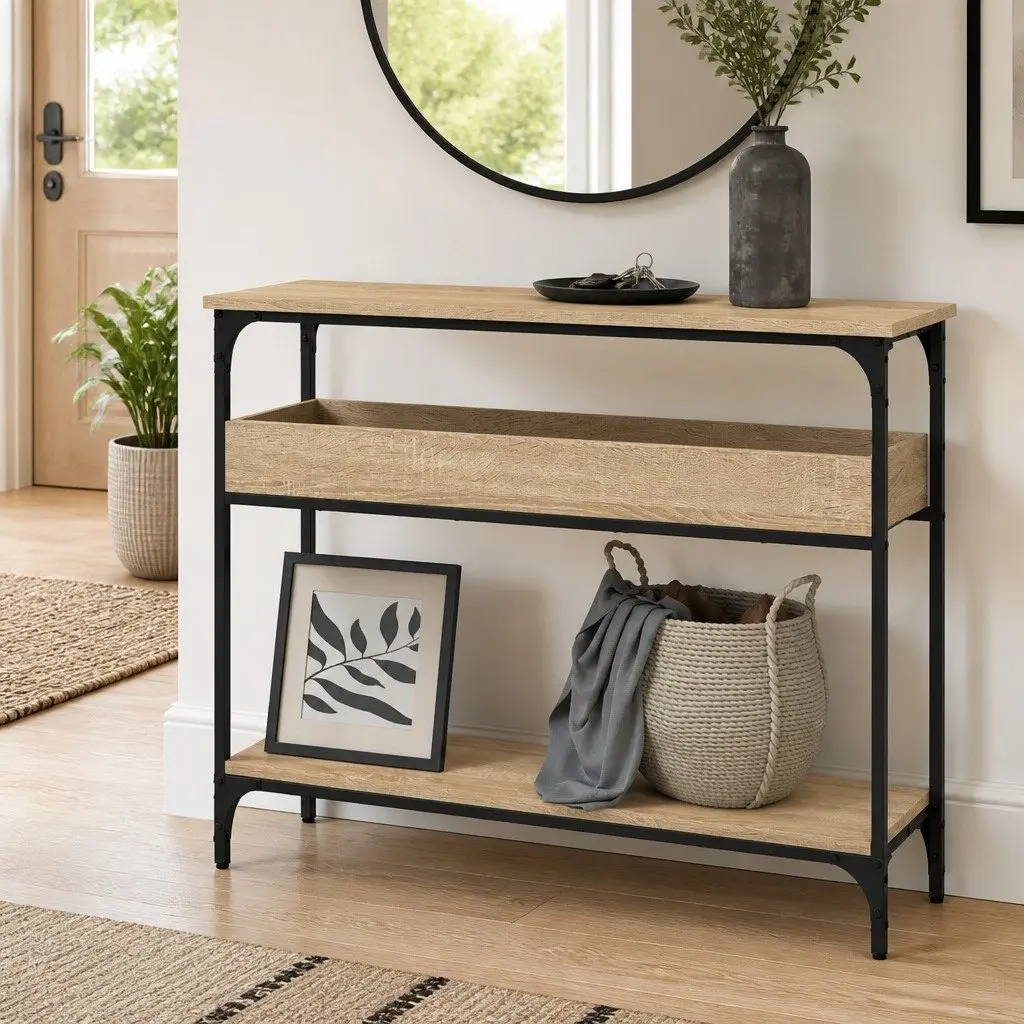 Console Table Engineered Wood Brown 100cm Sonoma Oak with Shelf for Entryway Hallway