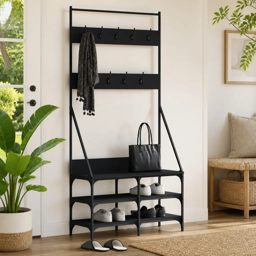 Clothes Rack Engineered Wood Compact Black Garment Stand with Shoe Storage