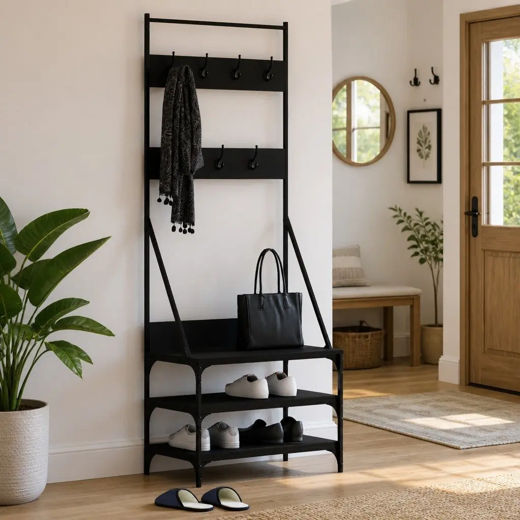 Clothes Rack Garment Hanger Engineered Wood Black Compact with Shoe Storage 70x40x184cm
