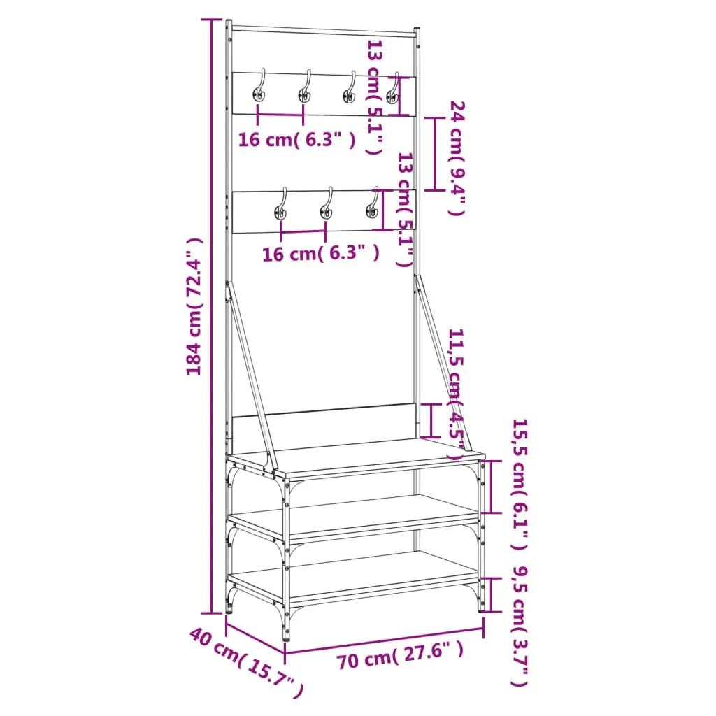 Clothes Rack Garment Hanger Engineered Wood Black Compact with Shoe Storage 70x40x184cm