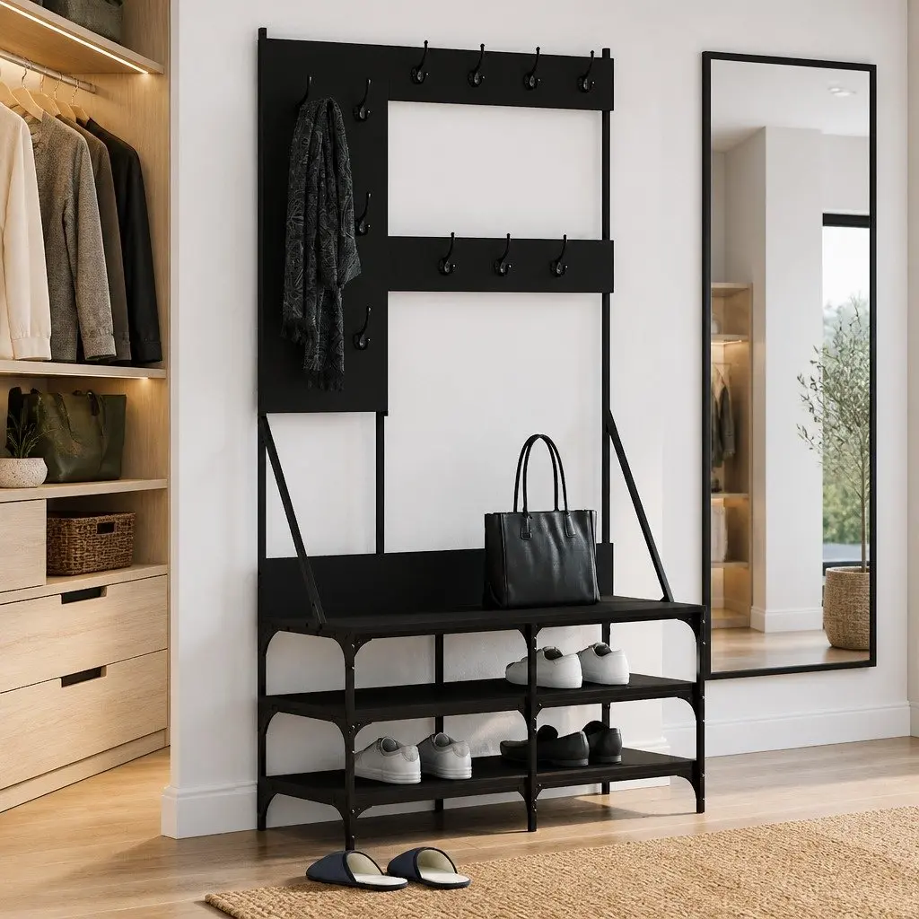 Clothes Rack Black Engineered Wood 100x40x184cm Free Standing with Shoe Storage Organizer
