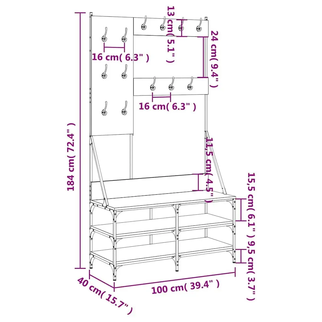 Clothes Rack Black Engineered Wood 100x40x184cm Free Standing with Shoe Storage Organizer