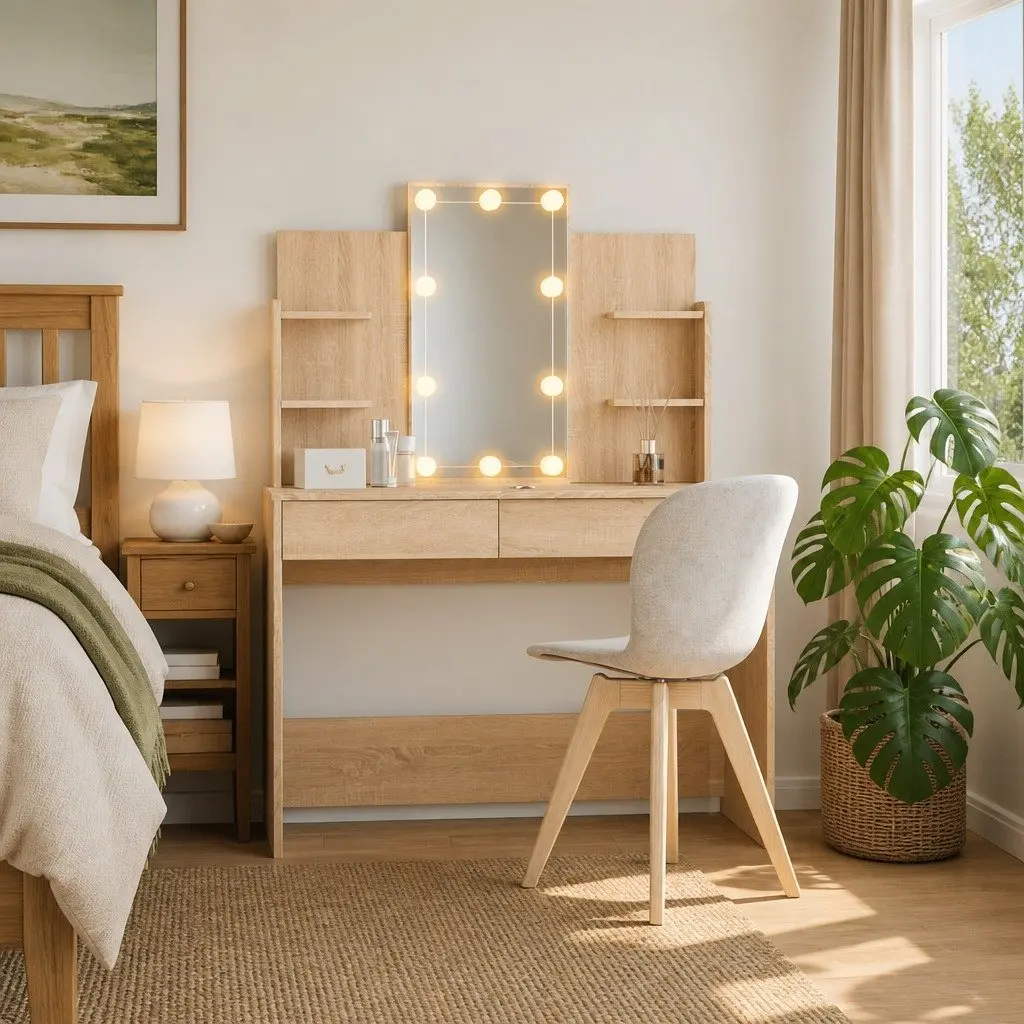 Dressing Table Engineered Wood 96x40x142cm Brown with Mirror and Adjustable LED Lights
