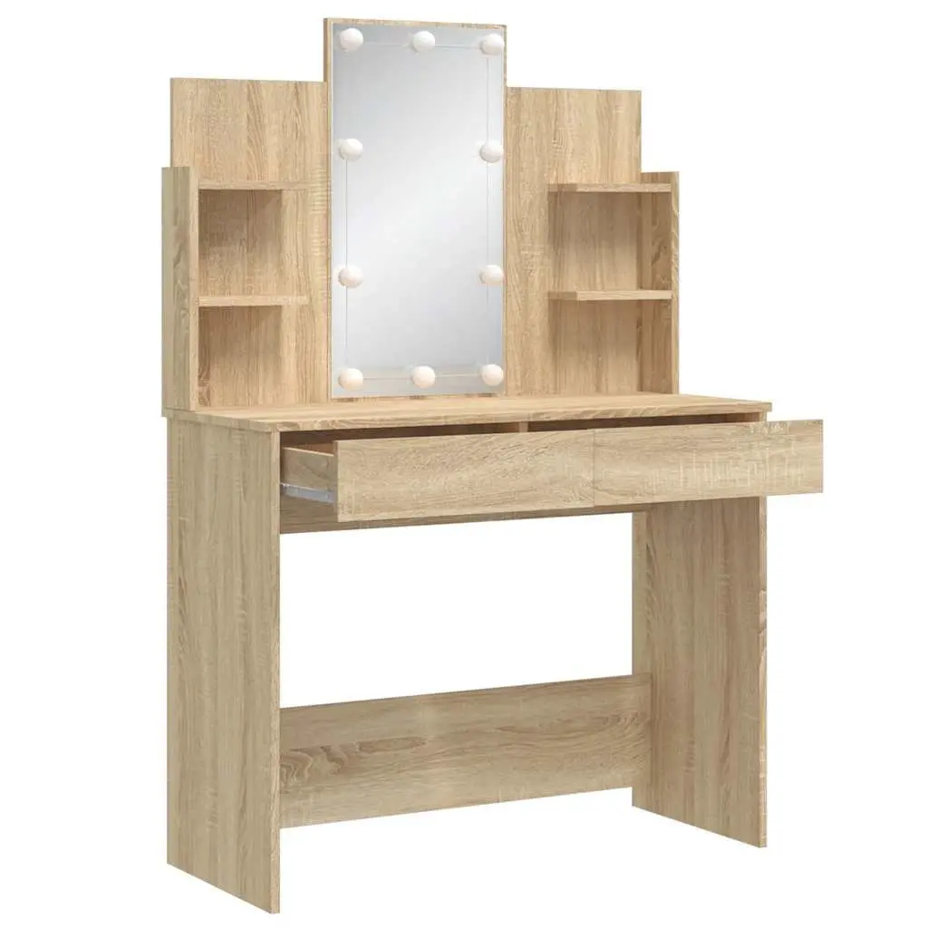 Dressing Table Engineered Wood 96x40x142cm Brown with Mirror and Adjustable LED Lights