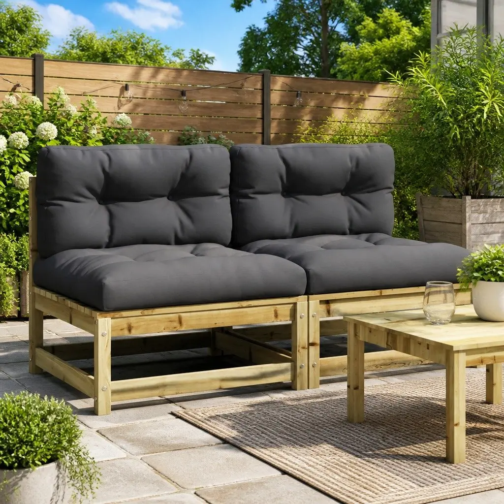 Outdoor Sectional Sofa Unit Armless Garden Seating with Cushions Brown Wood 2pc