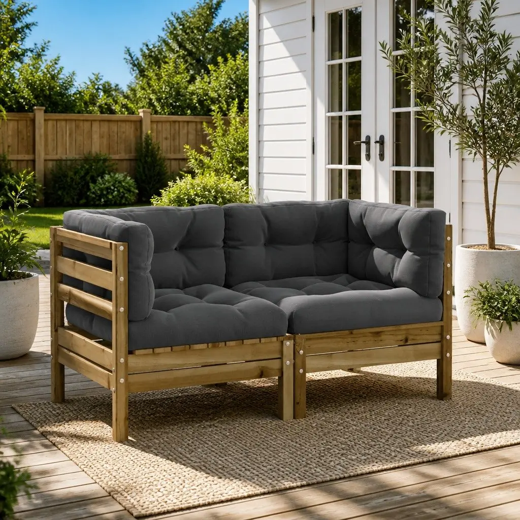 Outdoor Sectional Sofa Modular Solid Pine Wood 2 Piece Set Brown with Cushions