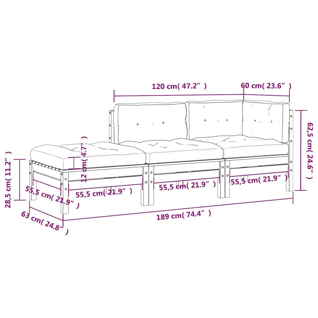 3-Seater Garden Sofa Wooden Brown with Cushions and Footstool Outdoor Sectional