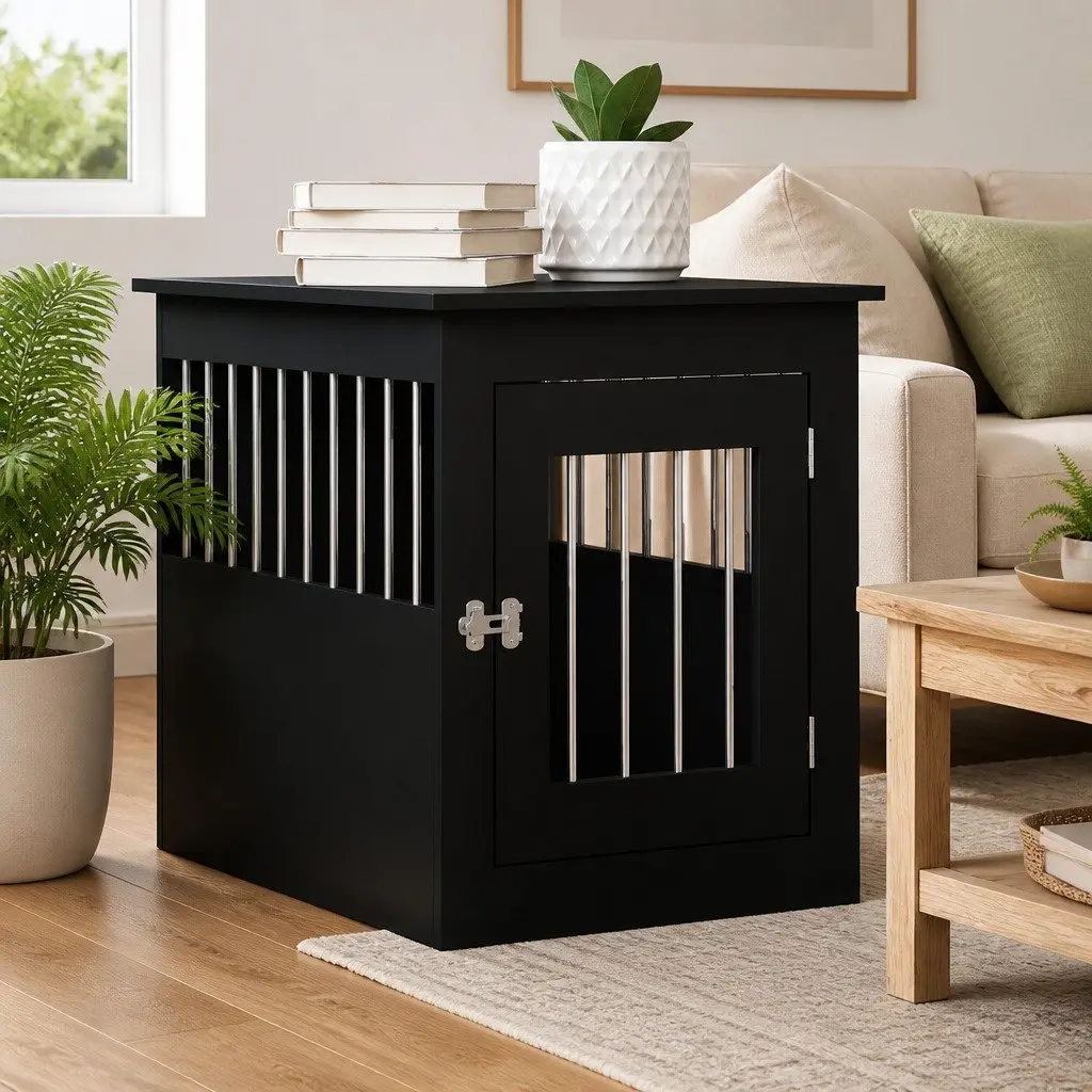 Dog Crate Furniture End Table Black 55x75x65cm Steel Wire Engineered Wood Kennel